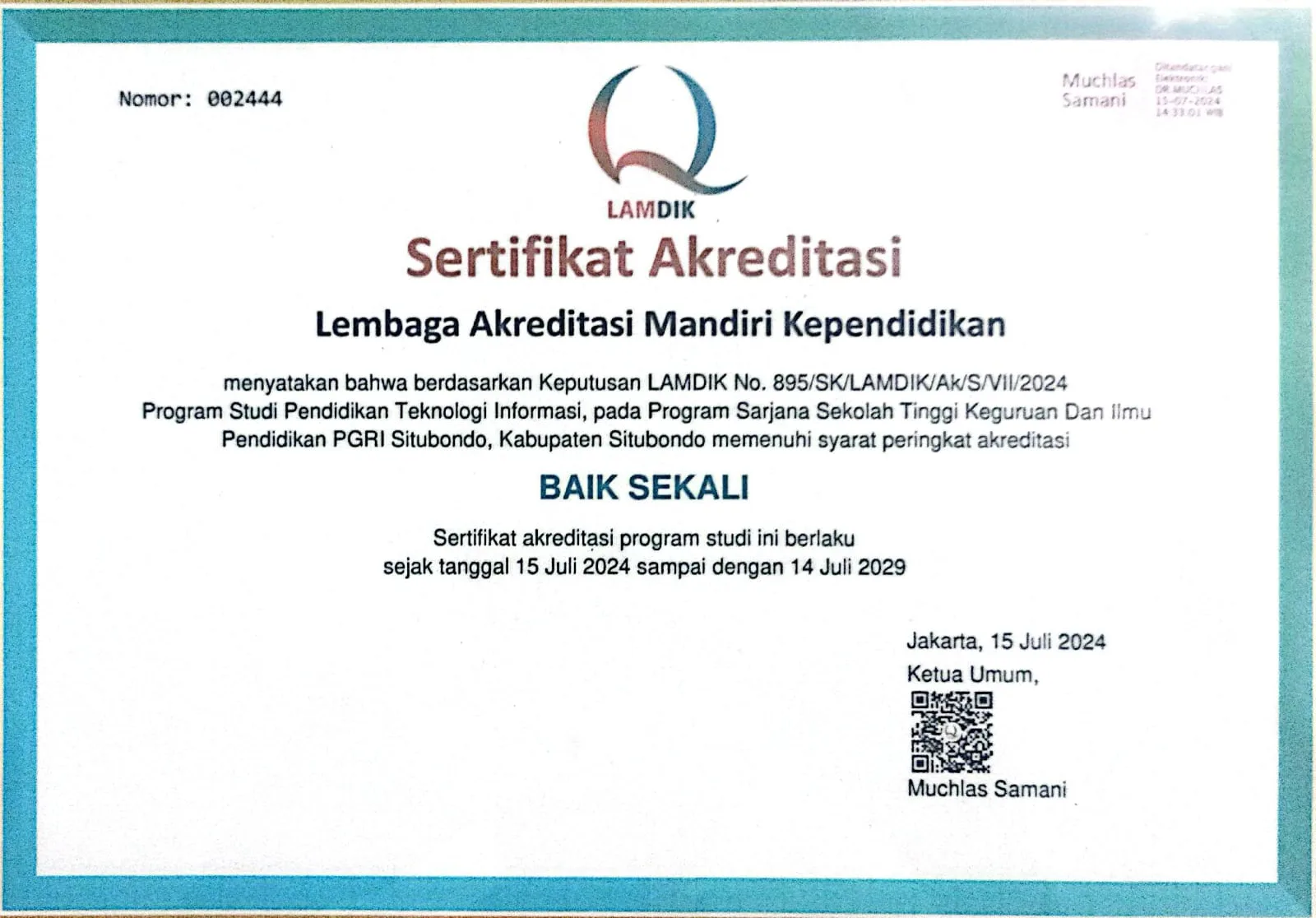 Sertifikat Akreditasi Pendidikan Teknologi Informasi